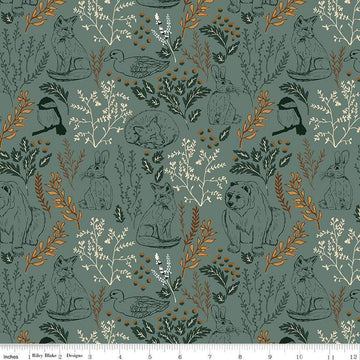 Image of Let's Wander Main Teal quilting cotton fabric by Casey Cometti for Riley Blake Designs. Features plants on a blue background. Cute Little Fabric Shop
