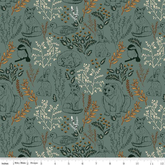 Image of Let's Wander Main Teal quilting cotton fabric by Casey Cometti for Riley Blake Designs. Features plants on a blue background. Cute Little Fabric Shop