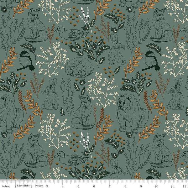 Image of Let&#39;s Wander Main Teal quilting cotton fabric by Casey Cometti for Riley Blake Designs. Features plants on a blue background. Cute Little Fabric Shop