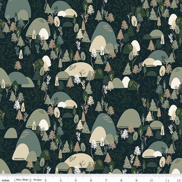 Image of Let's Wander Mountain Music Navy quilting cotton fabric by Casey Cometti for Riley Blake Designs. Features trees on a blue background. Cute Little Fabric Shop