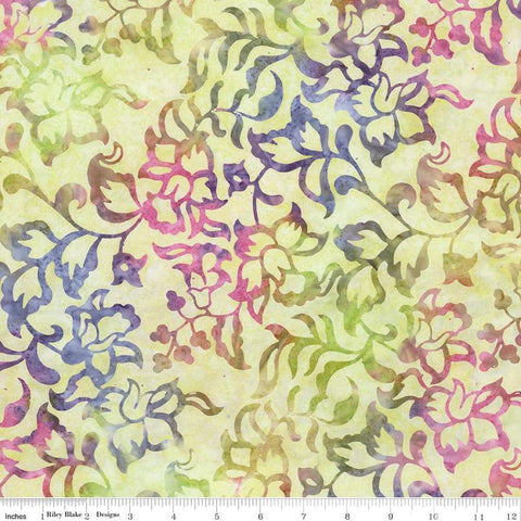 Image of Expressions Batiks Radiant Flourish Artichoke quilting cotton fabric by The RBD Designers for Riley Blake Designs. Features flowers on a yellow background. Cute Little Fabric Shop