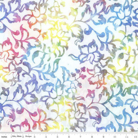 Image of Expressions Batiks Radiant Flourish Rainbow Sherbet quilting cotton fabric by The RBD Designers for Riley Blake Designs. Features flowers on a white background. Cute Little Fabric Shop