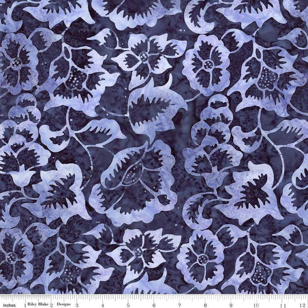 Image of Expressions Batiks Radiant Flourish Slate quilting cotton fabric by The RBD Designers for Riley Blake Designs. Features flowers on a blue background. Cute Little Fabric Shop
