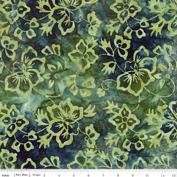 Image of Expressions Batiks Radiant Flourish Rainstorm quilting cotton fabric by The RBD Designers for Riley Blake Designs. Features flowers on a green background. Cute Little Fabric Shop