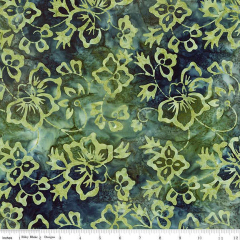 Image of Expressions Batiks Radiant Flourish Rainstorm quilting cotton fabric by The RBD Designers for Riley Blake Designs. Features flowers on a green background. Cute Little Fabric Shop