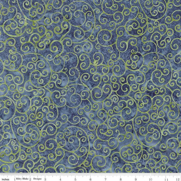 Image of Expressions Batiks Radiant Flourish Denim Bijou quilting cotton fabric by The RBD Designers for Riley Blake Designs. Features swirls on a blue background. Cute Little Fabric Shop