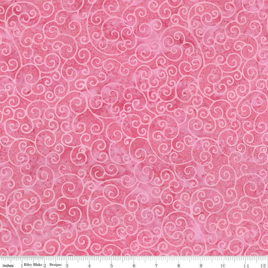 Image of Expressions Batiks Radiant Flourish Cotton Candy quilting cotton fabric by The RBD Designers for Riley Blake Designs. Features swirls on a pink background. Cute Little Fabric Shop