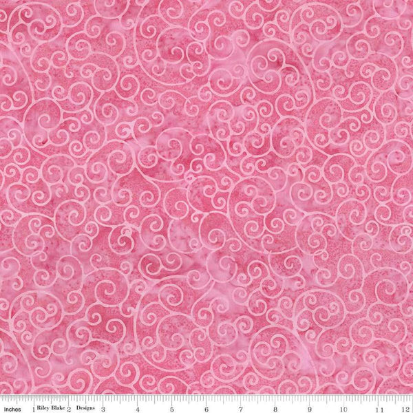 Image of Expressions Batiks Radiant Flourish Cotton Candy quilting cotton fabric by The RBD Designers for Riley Blake Designs. Features swirls on a pink background. Cute Little Fabric Shop