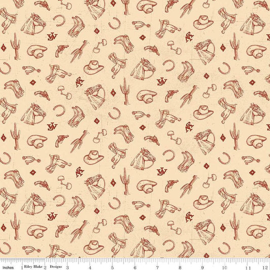 Image of John Wayne American West Icons Cream quilting cotton fabric by Riley Blake Official Product for Riley Blake Designs. Features tools on a cream background. Cute Little Fabric Shop