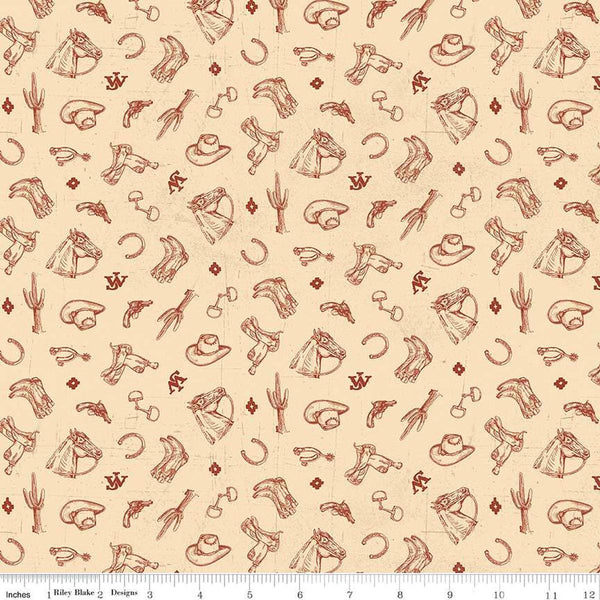Image of John Wayne American West Icons Cream quilting cotton fabric by Riley Blake Official Product for Riley Blake Designs. Features tools on a cream background. Cute Little Fabric Shop