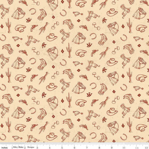 Image of John Wayne American West Icons Cream quilting cotton fabric by Riley Blake Official Product for Riley Blake Designs. Features tools on a cream background. Cute Little Fabric Shop