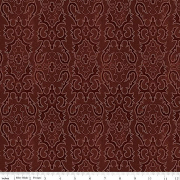 Image of John Wayne American West Boot Stitching Marsala quilting cotton fabric by Riley Blake Official Product for Riley Blake Designs. Features printed embroidery on a red background. Cute Little Fabric Shop