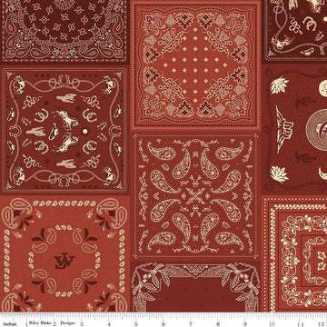 Image of John Wayne American West Bandana Red quilting cotton fabric by Riley Blake Official Product for Riley Blake Designs. Features printed patchwork on a red background. Cute Little Fabric Shop