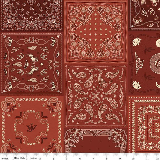 Image of John Wayne American West Bandana Red quilting cotton fabric by Riley Blake Official Product for Riley Blake Designs. Features printed patchwork on a red background. Cute Little Fabric Shop