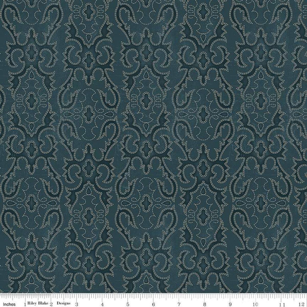 Image of John Wayne American West Boot Stitching Navy quilting cotton fabric by Riley Blake Official Product for Riley Blake Designs. Features printed embroidery on a blue background. Cute Little Fabric Shop