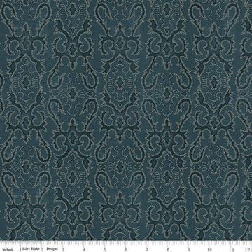 Image of John Wayne American West Boot Stitching Navy quilting cotton fabric by Riley Blake Official Product for Riley Blake Designs. Features printed embroidery on a blue background. Cute Little Fabric Shop