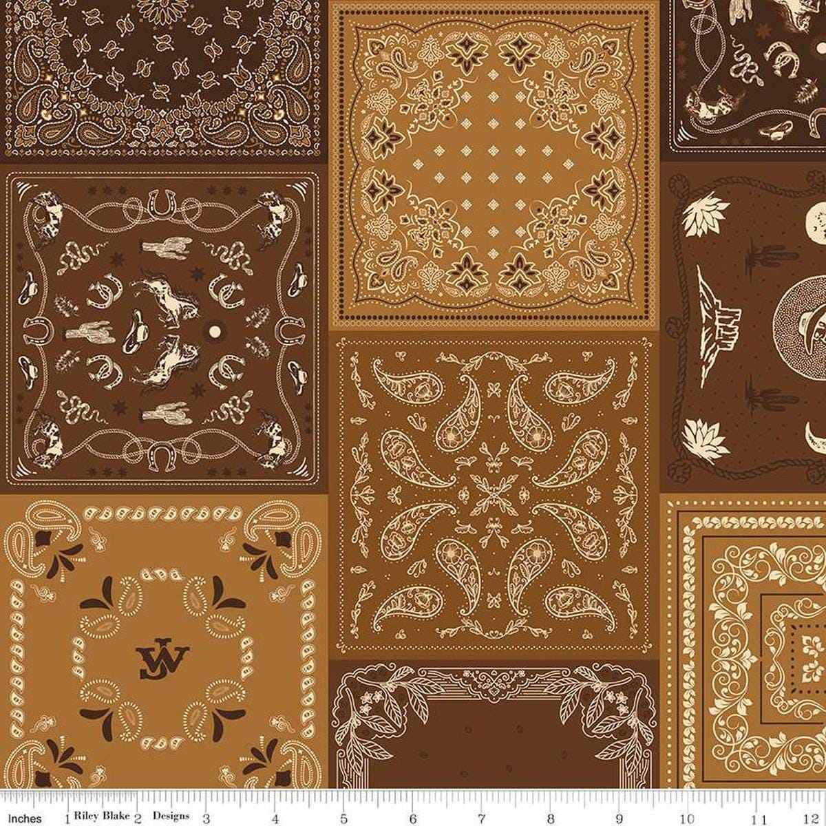 Image of John Wayne American West Bandana Brown quilting cotton fabric by Riley Blake Official Product for Riley Blake Designs. Features printed patchwork on a brown background. Cute Little Fabric Shop