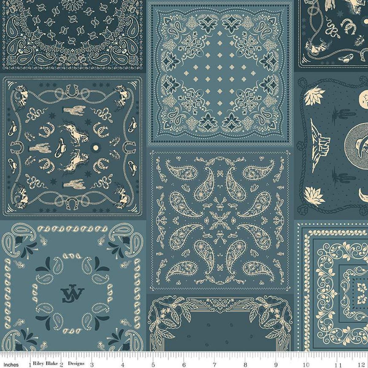 Image of John Wayne American West Bandana Denim quilting cotton fabric by Riley Blake Official Product for Riley Blake Designs. Features printed patchwork on a blue background. Cute Little Fabric Shop