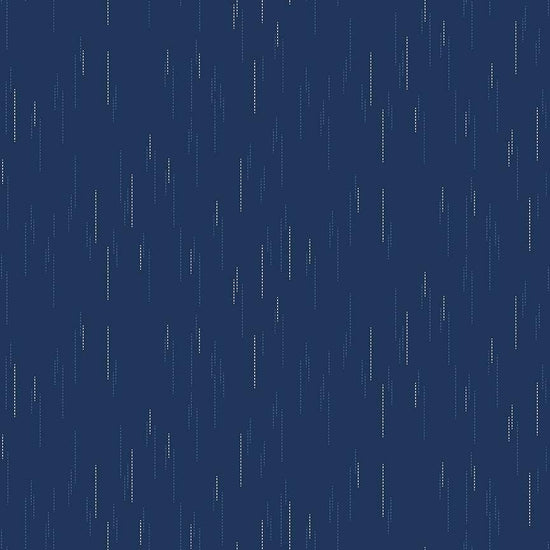 Image of Essence Raindrops Navy quilting cotton fabric by Fran Gulick for Riley Blake Designs. Features rain on a blue background. Cute Little Fabric Shop