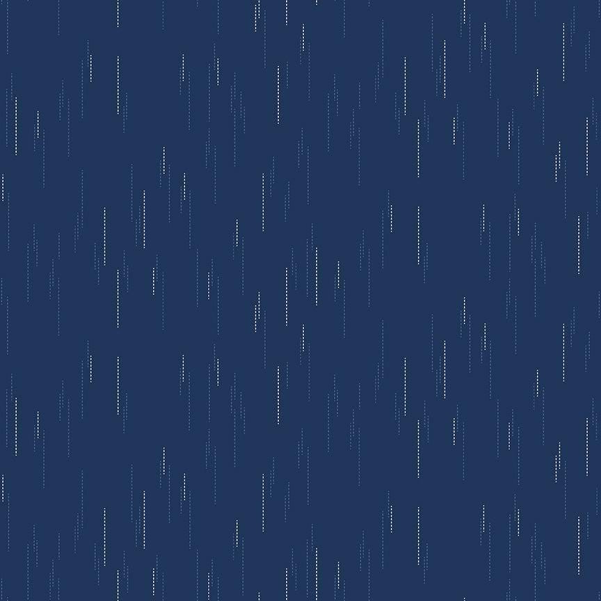 Image of Essence Raindrops Navy quilting cotton fabric by Fran Gulick for Riley Blake Designs. Features rain on a blue background. Cute Little Fabric Shop