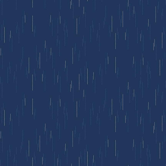 Image of Essence Raindrops Navy quilting cotton fabric by Fran Gulick for Riley Blake Designs. Features rain on a blue background. Cute Little Fabric Shop