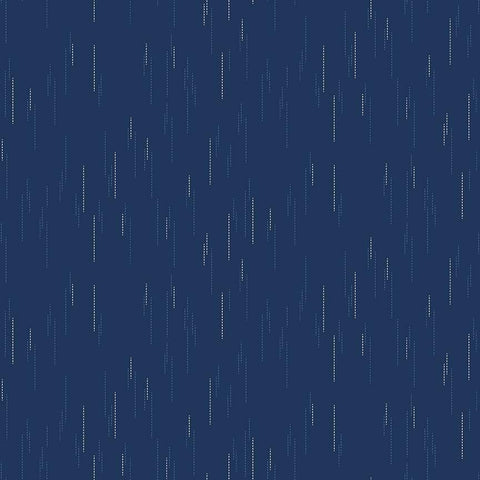Image of Essence Raindrops Navy quilting cotton fabric by Fran Gulick for Riley Blake Designs. Features rain on a blue background. Cute Little Fabric Shop
