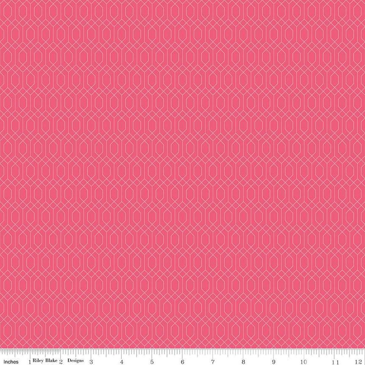 Image of Essence Lattice Hot Pink quilting cotton fabric by Fran Gulick for Riley Blake Designs. Features hexagons on a pink background. Cute Little Fabric Shop