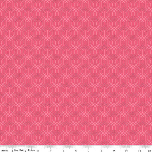 Image of Essence Lattice Hot Pink quilting cotton fabric by Fran Gulick for Riley Blake Designs. Features hexagons on a pink background. Cute Little Fabric Shop