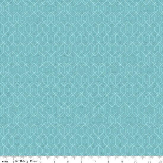 Image of Essence Lattice Cottage quilting cotton fabric by Fran Gulick for Riley Blake Designs. Features hexagons on a blue background. Cute Little Fabric Shop