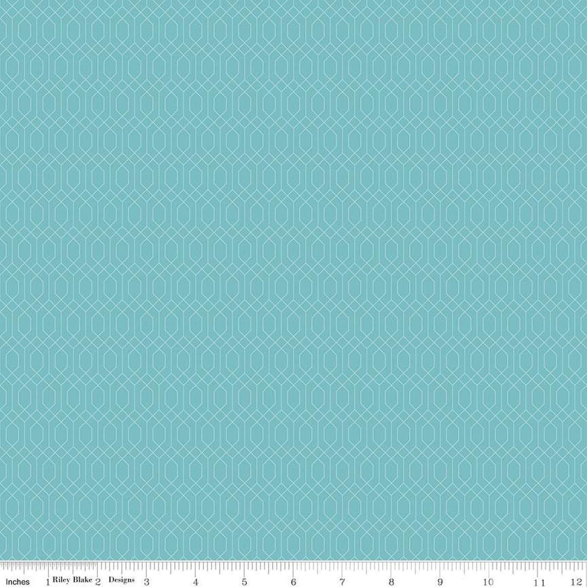 Image of Essence Lattice Cottage quilting cotton fabric by Fran Gulick for Riley Blake Designs. Features hexagons on a blue background. Cute Little Fabric Shop