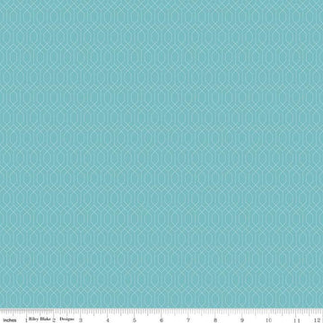 Image of Essence Lattice Cottage quilting cotton fabric by Fran Gulick for Riley Blake Designs. Features hexagons on a blue background. Cute Little Fabric Shop