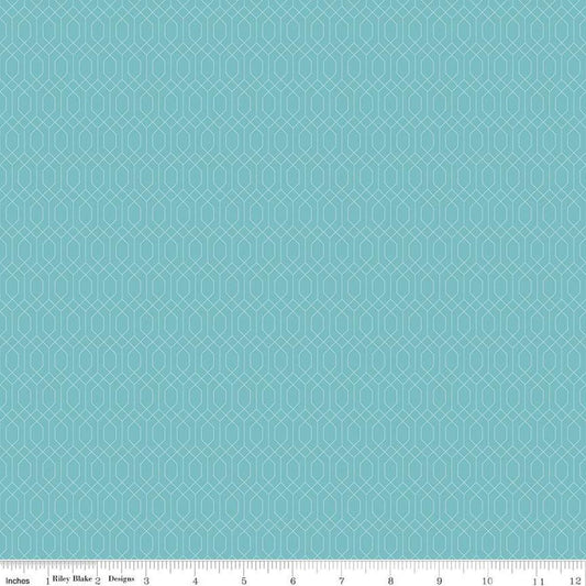 Image of Essence Lattice Cottage quilting cotton fabric by Fran Gulick for Riley Blake Designs. Features hexagons on a blue background. Cute Little Fabric Shop