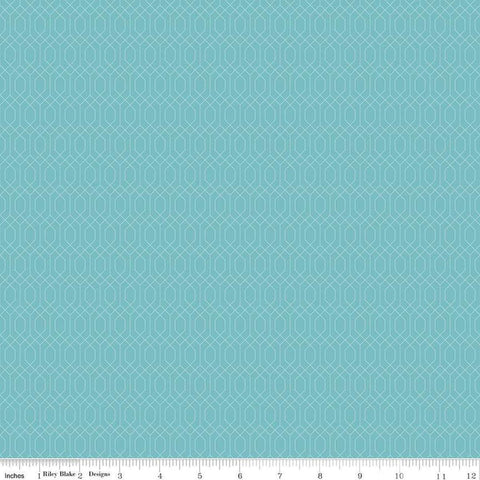 Image of Essence Lattice Cottage quilting cotton fabric by Fran Gulick for Riley Blake Designs. Features hexagons on a blue background. Cute Little Fabric Shop