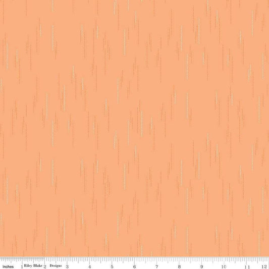 Image of Essence Raindrops Marmalade quilting cotton fabric by Fran Gulick for Riley Blake Designs. Features rain on an orange background. Cute Little Fabric Shop