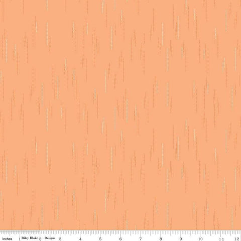 Image of Essence Raindrops Marmalade quilting cotton fabric by Fran Gulick for Riley Blake Designs. Features rain on an orange background. Cute Little Fabric Shop