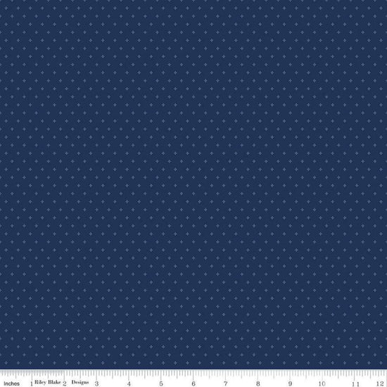 Image of Essence Foils Navy quilting cotton fabric by Fran Gulick for Riley Blake Designs. Features stars on a blue background. Cute Little Fabric Shop