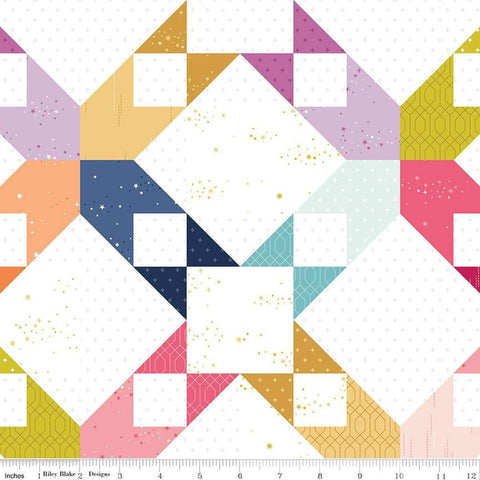 Image of Essence Starlet Cheater Print Multi quilting cotton fabric by Fran Gulick for Riley Blake Designs. Features shapes on a white background. Cute Little Fabric Shop