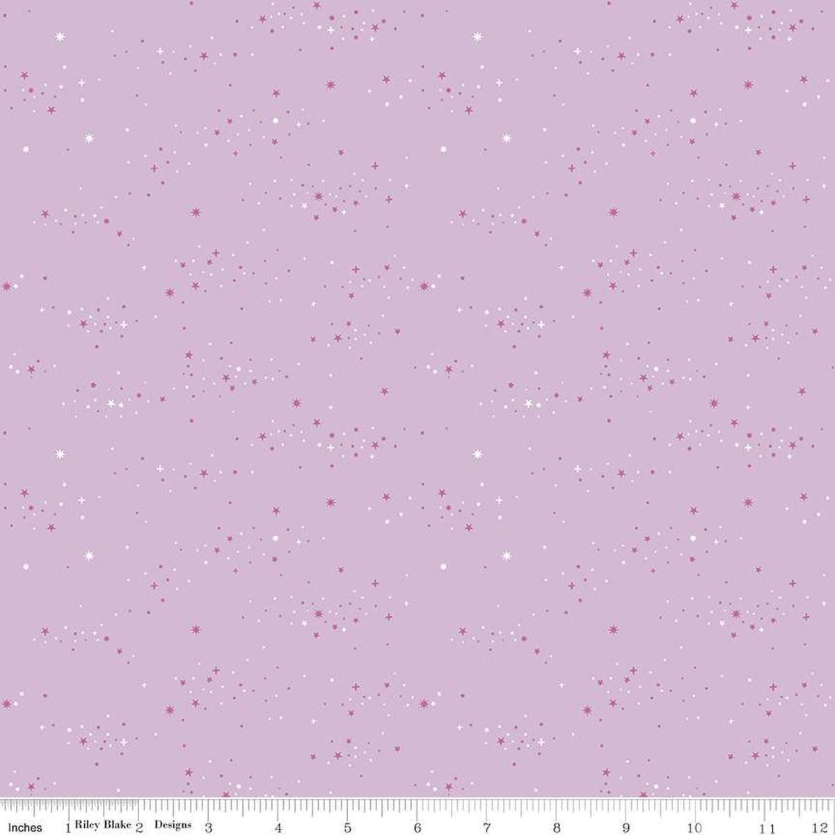 Image of Essence Starlight Lilac quilting cotton fabric by Fran Gulick for Riley Blake Designs. Features stars on a purple background. Cute Little Fabric Shop