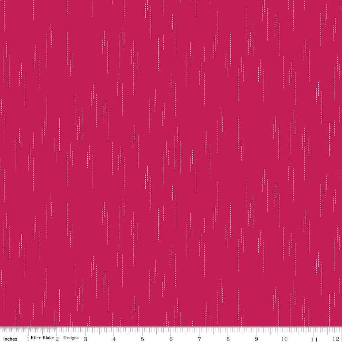 Image of Essence Raindrops Magenta quilting cotton fabric by Fran Gulick for Riley Blake Designs. Features rain on a pink background. Cute Little Fabric Shop