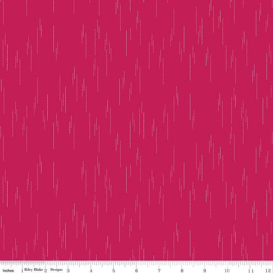 Image of Essence Raindrops Magenta quilting cotton fabric by Fran Gulick for Riley Blake Designs. Features rain on a pink background. Cute Little Fabric Shop