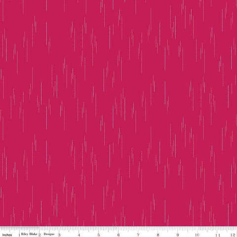 Image of Essence Raindrops Magenta quilting cotton fabric by Fran Gulick for Riley Blake Designs. Features rain on a pink background. Cute Little Fabric Shop