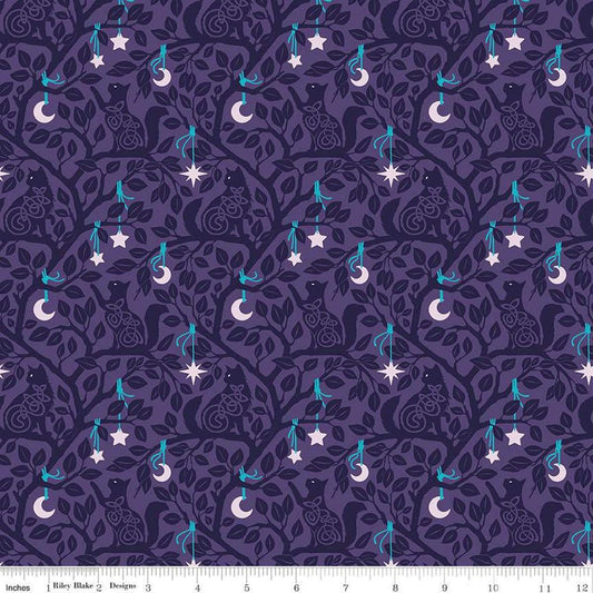 Image of Celtic Cats Forest Cats Purple quilting cotton fabric by Brigid Ashwood for Riley Blake Designs. Features cats in trees on a purple background. Cute Little Fabric Shop