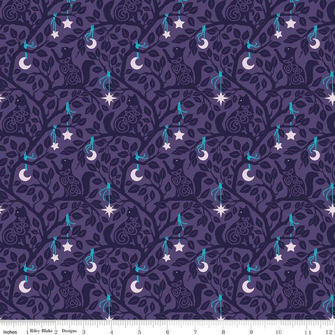 Image of Celtic Cats Forest Cats Purple quilting cotton fabric by Brigid Ashwood for Riley Blake Designs. Features cats in trees on a purple background. Cute Little Fabric Shop