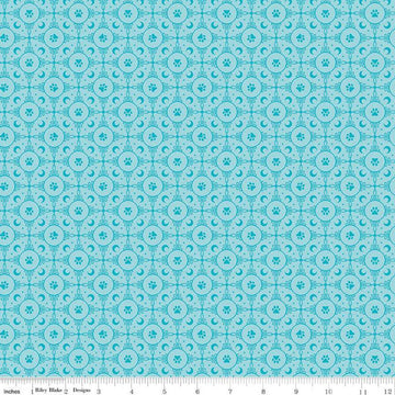 Image of Celtic Cats Circle Paws Aqua quilting cotton fabric by Brigid Ashwood for Riley Blake Designs. Features pawprints on a blue background. Cute Little Fabric Shop