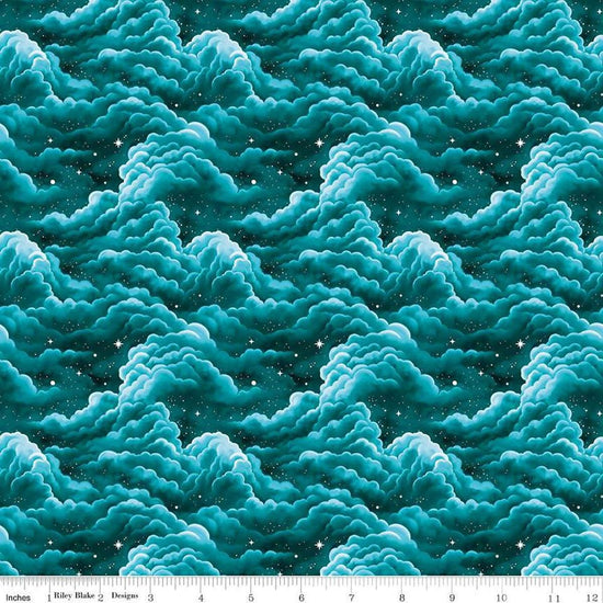 Image of Celtic Cats Clouds Teal quilting cotton fabric by Brigid Ashwood for Riley Blake Designs. Features clouds on a blue background. Cute Little Fabric Shop