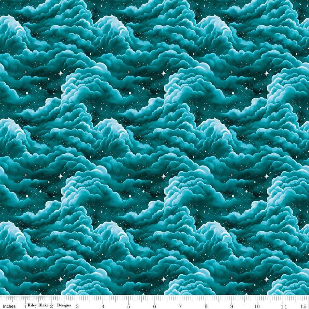 Image of Celtic Cats Clouds Teal quilting cotton fabric by Brigid Ashwood for Riley Blake Designs. Features clouds on a blue background. Cute Little Fabric Shop