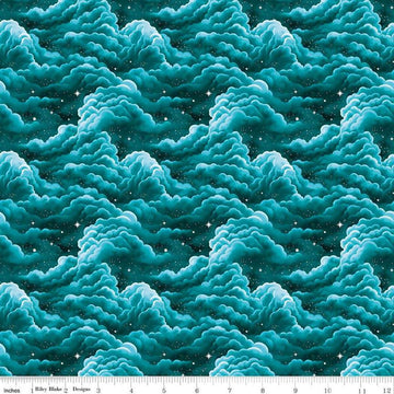 Image of Celtic Cats Clouds Teal quilting cotton fabric by Brigid Ashwood for Riley Blake Designs. Features clouds on a blue background. Cute Little Fabric Shop