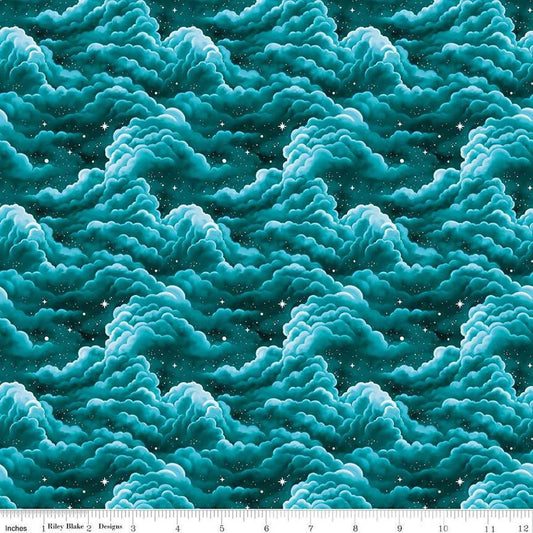 Image of Celtic Cats Clouds Teal quilting cotton fabric by Brigid Ashwood for Riley Blake Designs. Features clouds on a blue background. Cute Little Fabric Shop