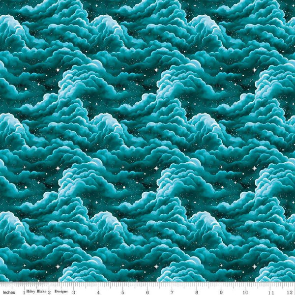 Image of Celtic Cats Clouds Teal quilting cotton fabric by Brigid Ashwood for Riley Blake Designs. Features clouds on a blue background. Cute Little Fabric Shop