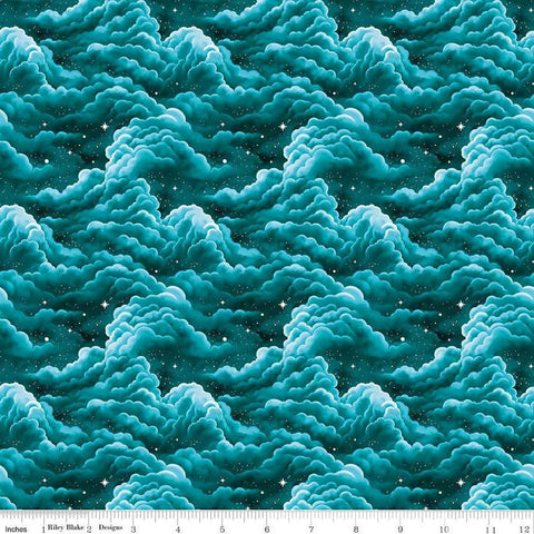Image of Celtic Cats Clouds Teal quilting cotton fabric by Brigid Ashwood for Riley Blake Designs. Features clouds on a blue background. Cute Little Fabric Shop